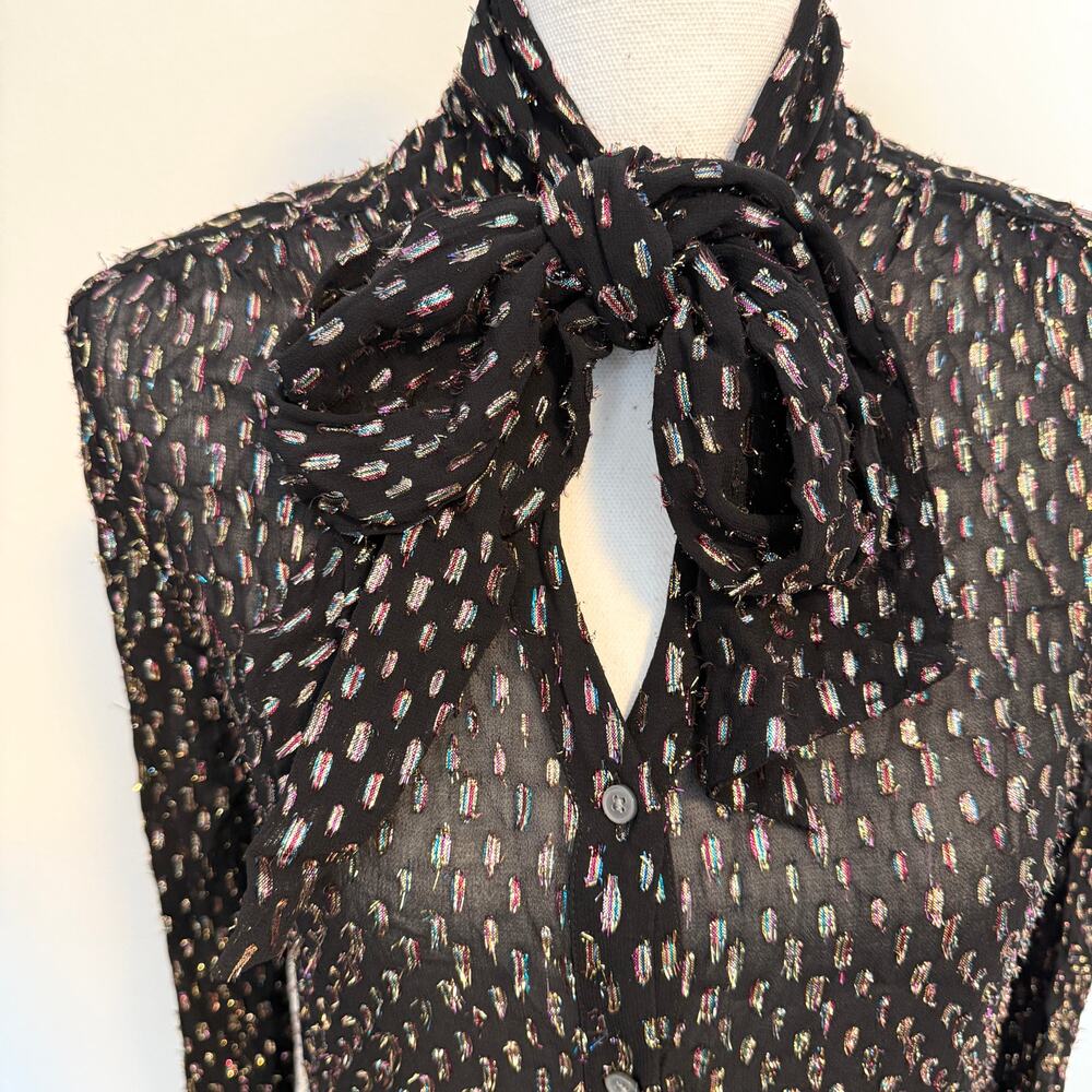 J. Crew Tie Neck Sheer Rainbow Lurex Dot Blouse Top In Black Size XS - Picture 5 of 14